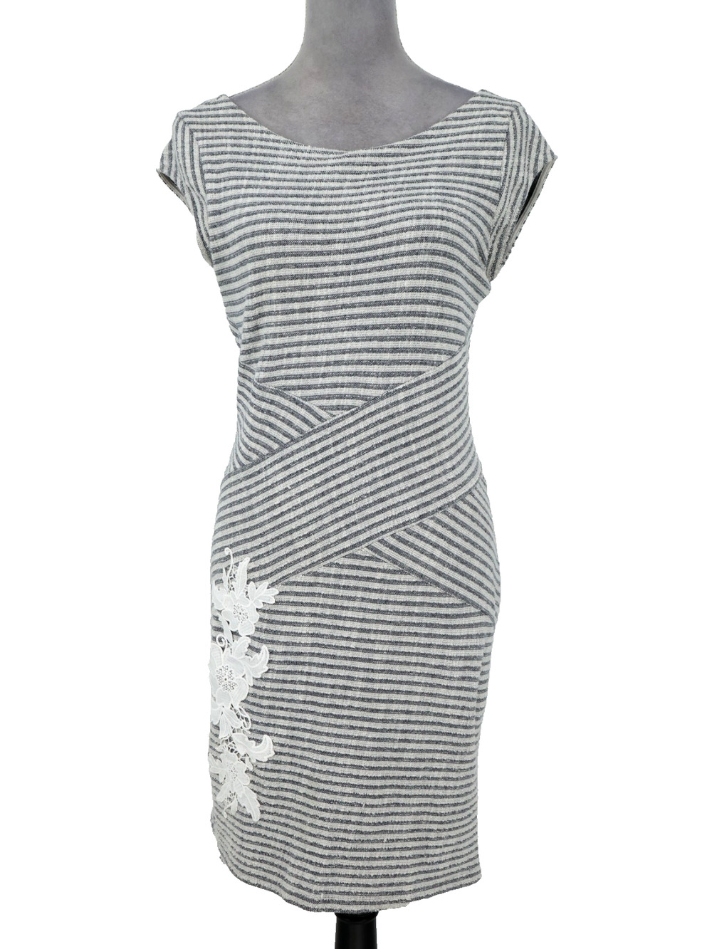 Desigual Dress Womens XS US Gray White Stripe Cotton Knit Embroidered BodyCon